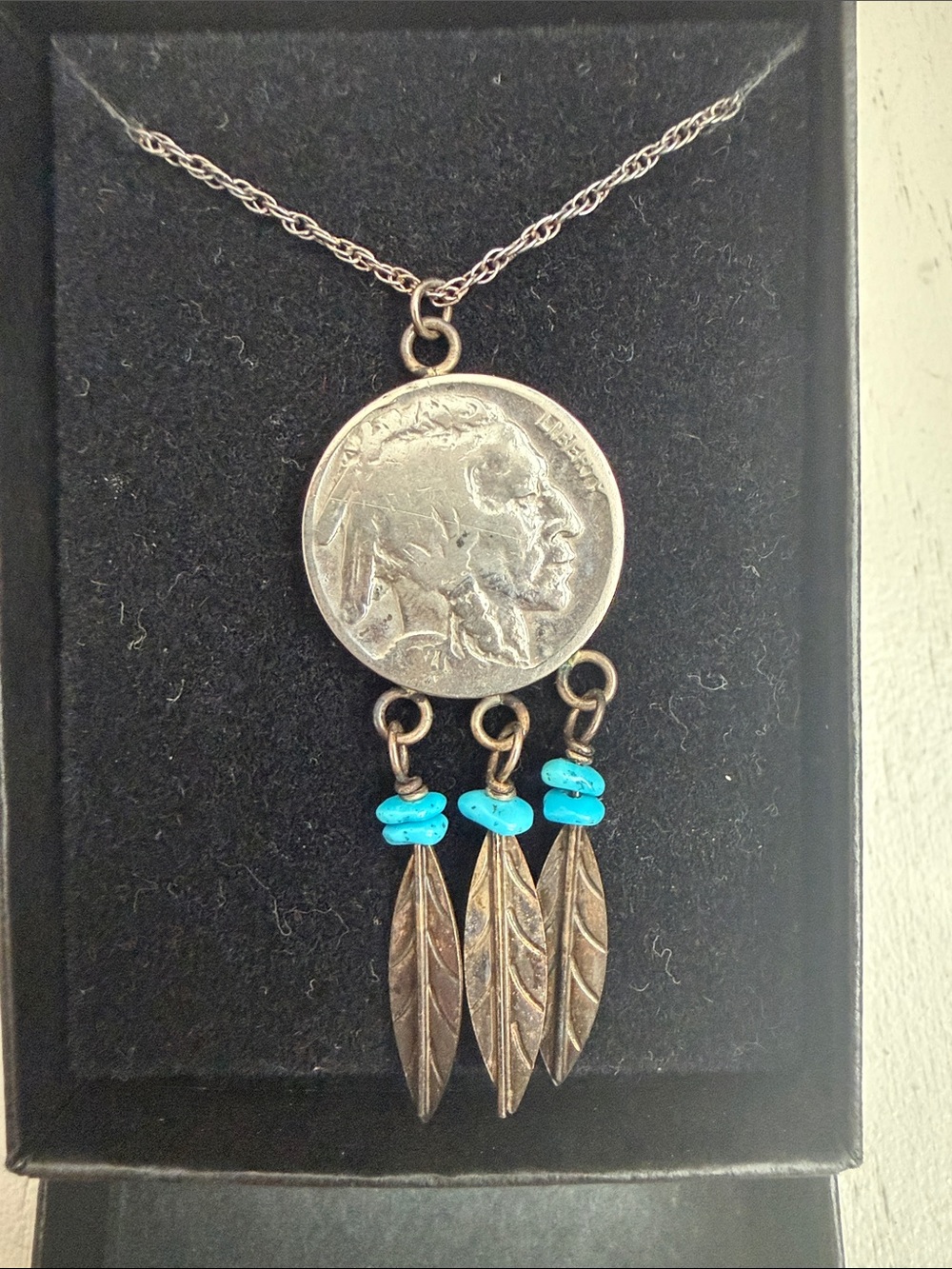Turquoise Accent Buffalo Nickel Pendant Necklace - Silver Tone